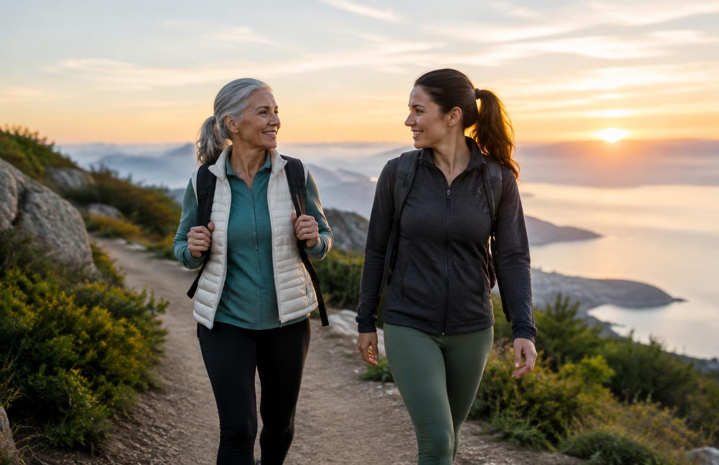 Adults hiking outdoors, representing healthy aging and longevity.