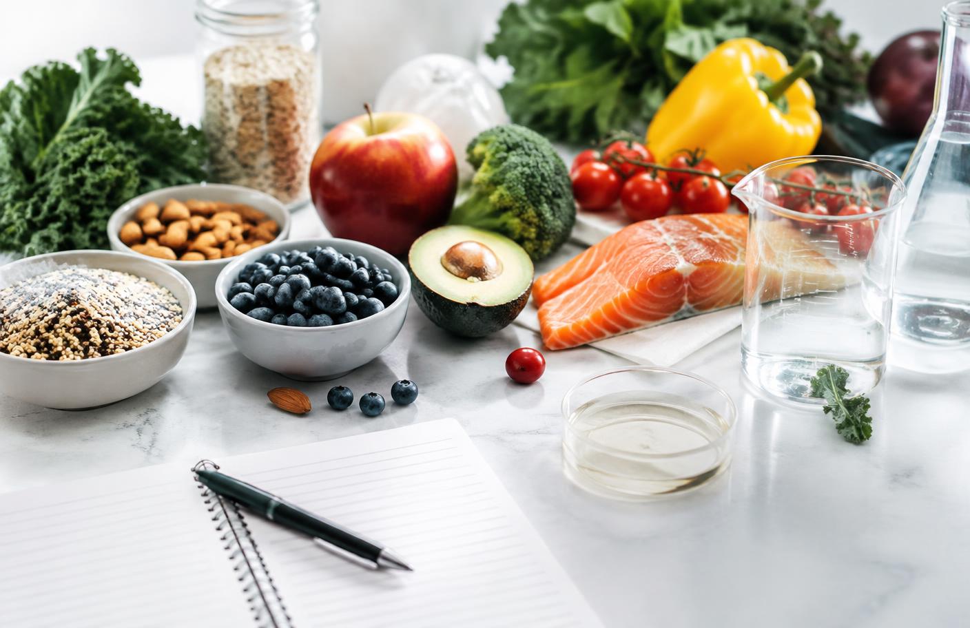 Whole foods and research notes on a clean nutrition science surface.