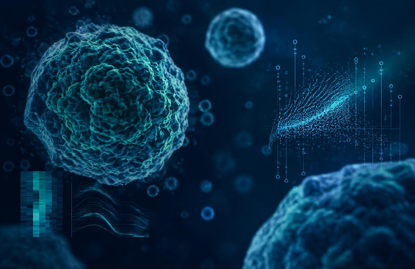 Cell biology imagery with data visualization elements.